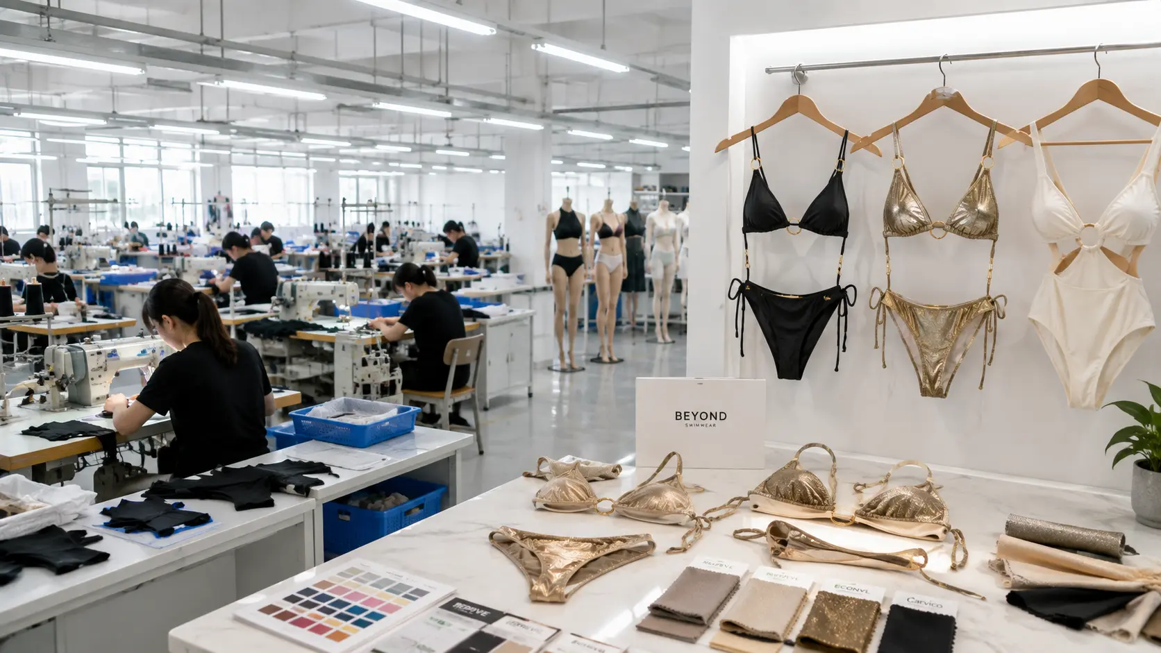 Beyond Swimwear factory floor with production line and finished swimwear display