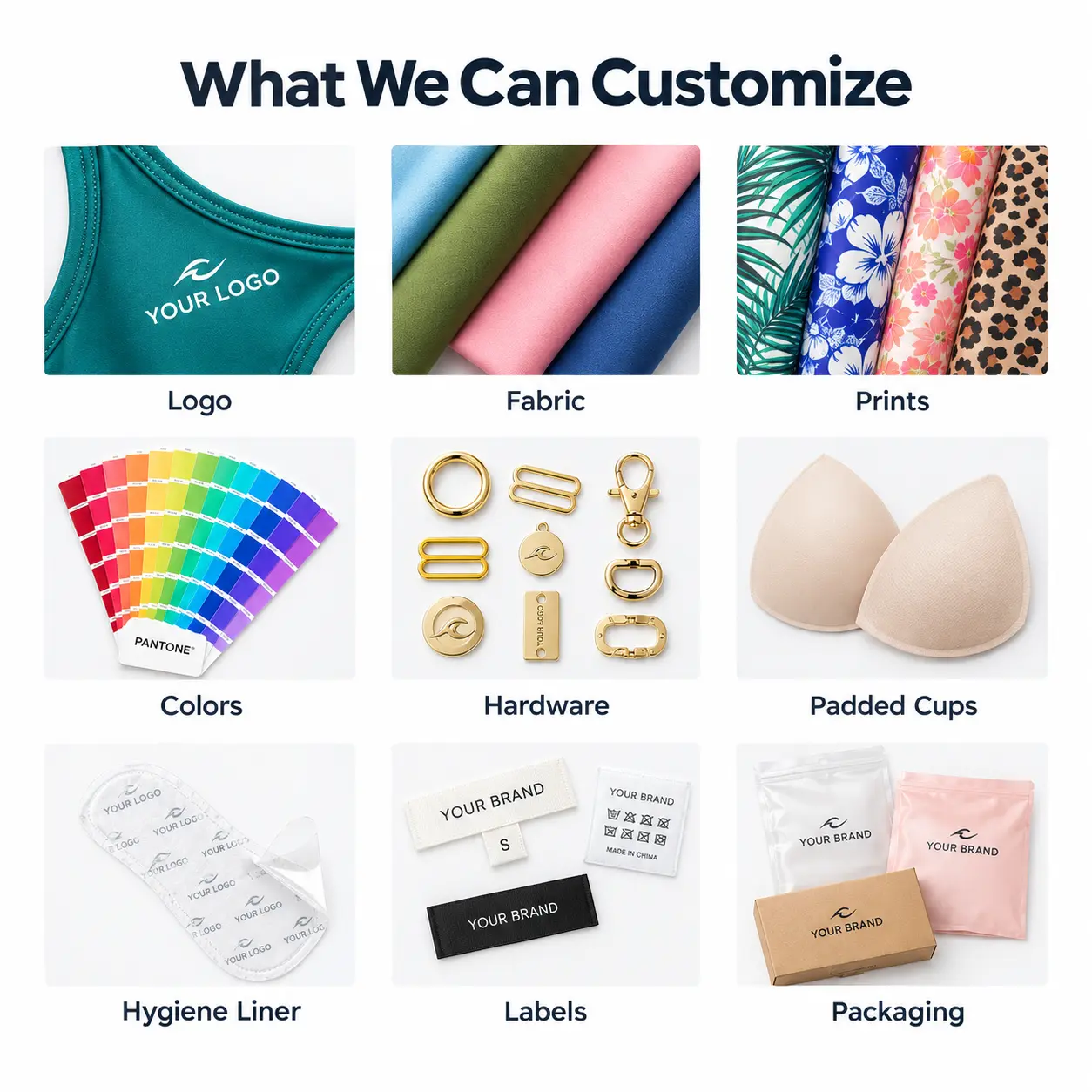 Customizable swimwear details — colours, prints, branding and trims