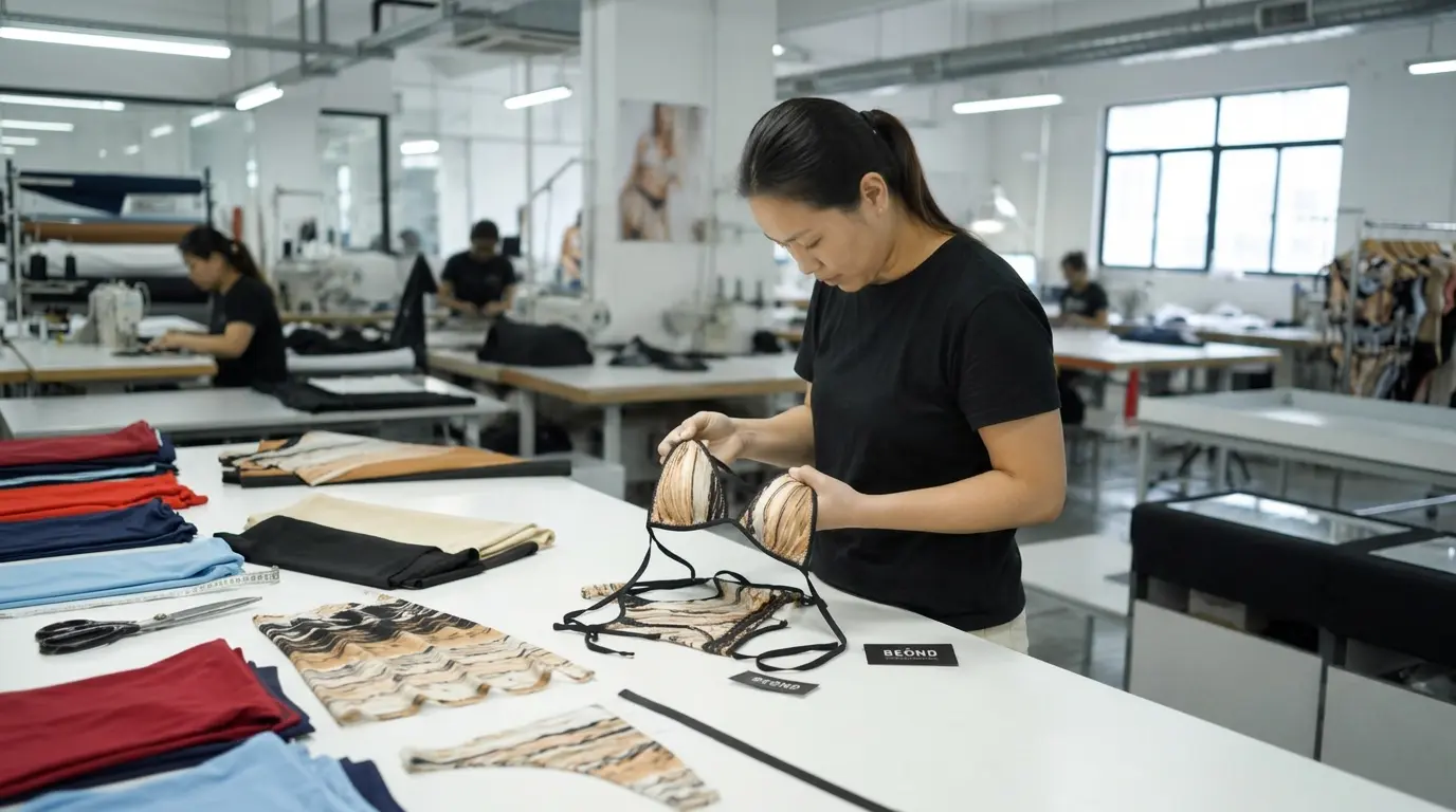 Quality control — worker inspecting swimwear samples at the Beyond Swimwear factory